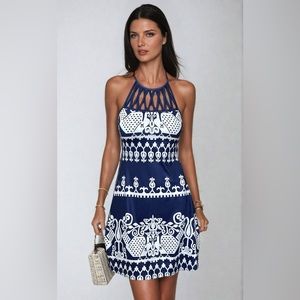 Blue Boho Argyle Print Cut Out Halter Neck Dress